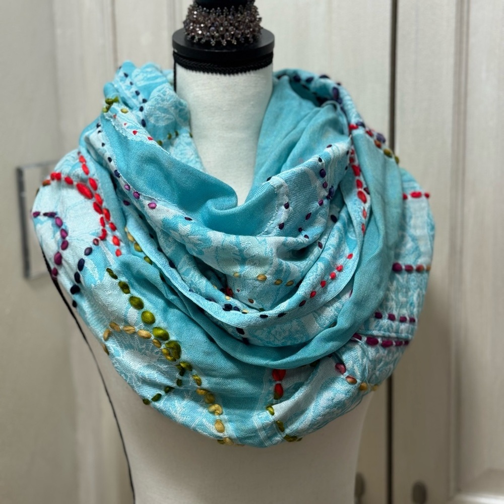 Anthropologie Raj Blue Rayon Embroidered Boho Infinity Scarf